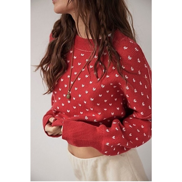 NWT Free People Easy Street Patterned Crop Pullover Cherry Red Combo Size Medium - Picture 1 of 7